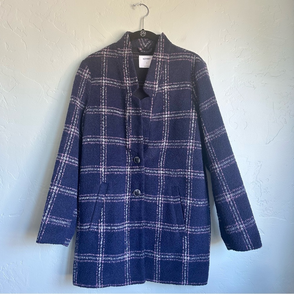 Old Navy Women's Navy Plaid Tweed Wool Blend Pea Coat Small EUC Preppy Fall